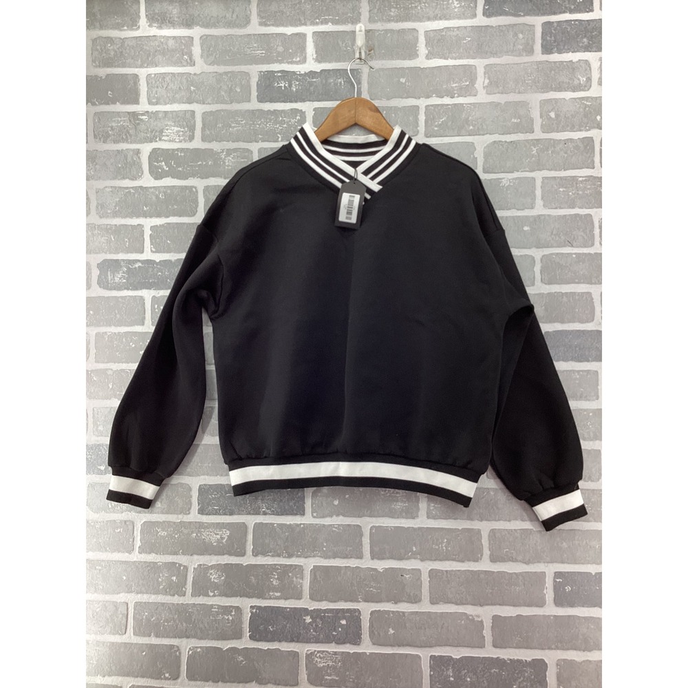 Aleeza Paris Women Black Varsity V-Neck Striped Trim Sweatshirt T579 Size M NEW